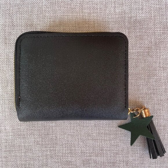 Black Faux Leather Wallet with Embroidered Hearts and Star Tassel Zipper Closure - Picture 2 of 5